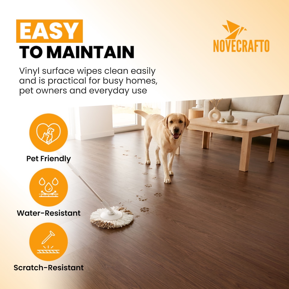image 1 of NOVECRAFTO Self Adhesive Vinyl Floor Planks – Peel & Stick Flooring – Brown Wood Effect – Easy DIY Installation – Durable & Waterproof Tiles | Brown | 2.78 sqm