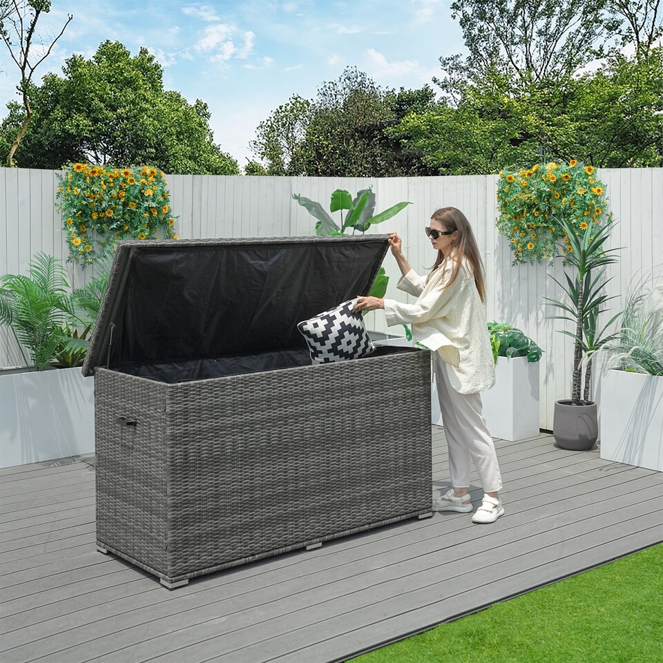 image 1 of Direct Wicker 980L Aluminum Outdoor Rattan Storage Box, Garden Large Deck Box | Grey