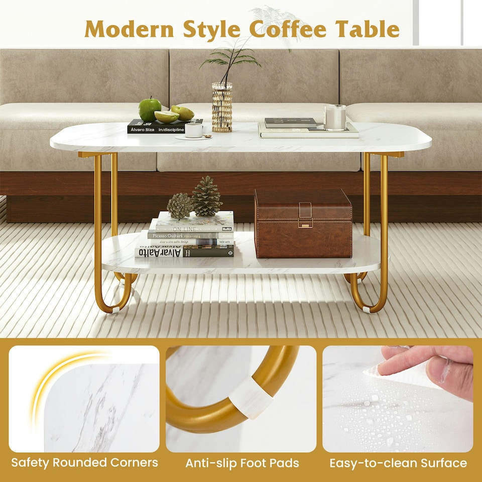 image 1 of COSTWAY Faux Marble Top Coffee Table 2-tier Tea Table White
