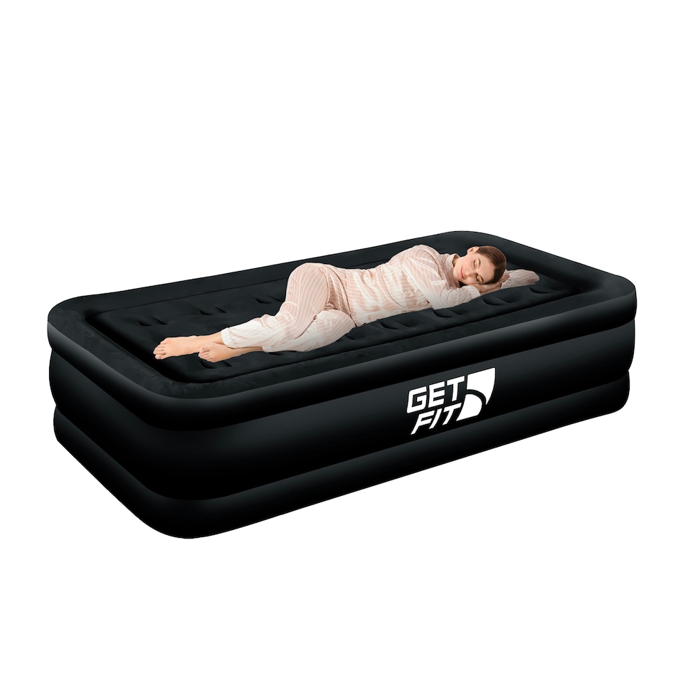 image 1 of Get Fit Air Bed with Built In Electric Pump - Premium Single Size - Blow Up Bed with Free Pillow - Elevated Inflatable Air Mattress for Outdoor - Black Mono