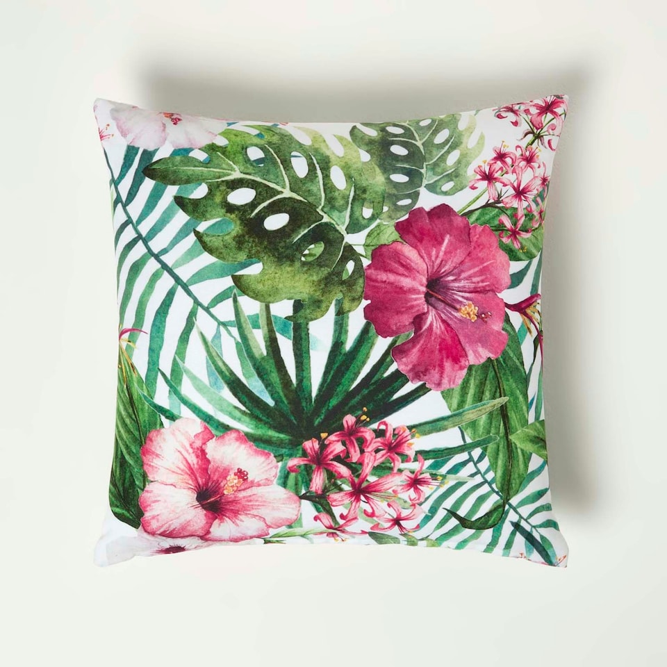 image 1 of Homescapes Botanical Flower Outdoor Cushion 45 x 45 cm - Set of 2 | Multi | 45 x 45 cm | 2