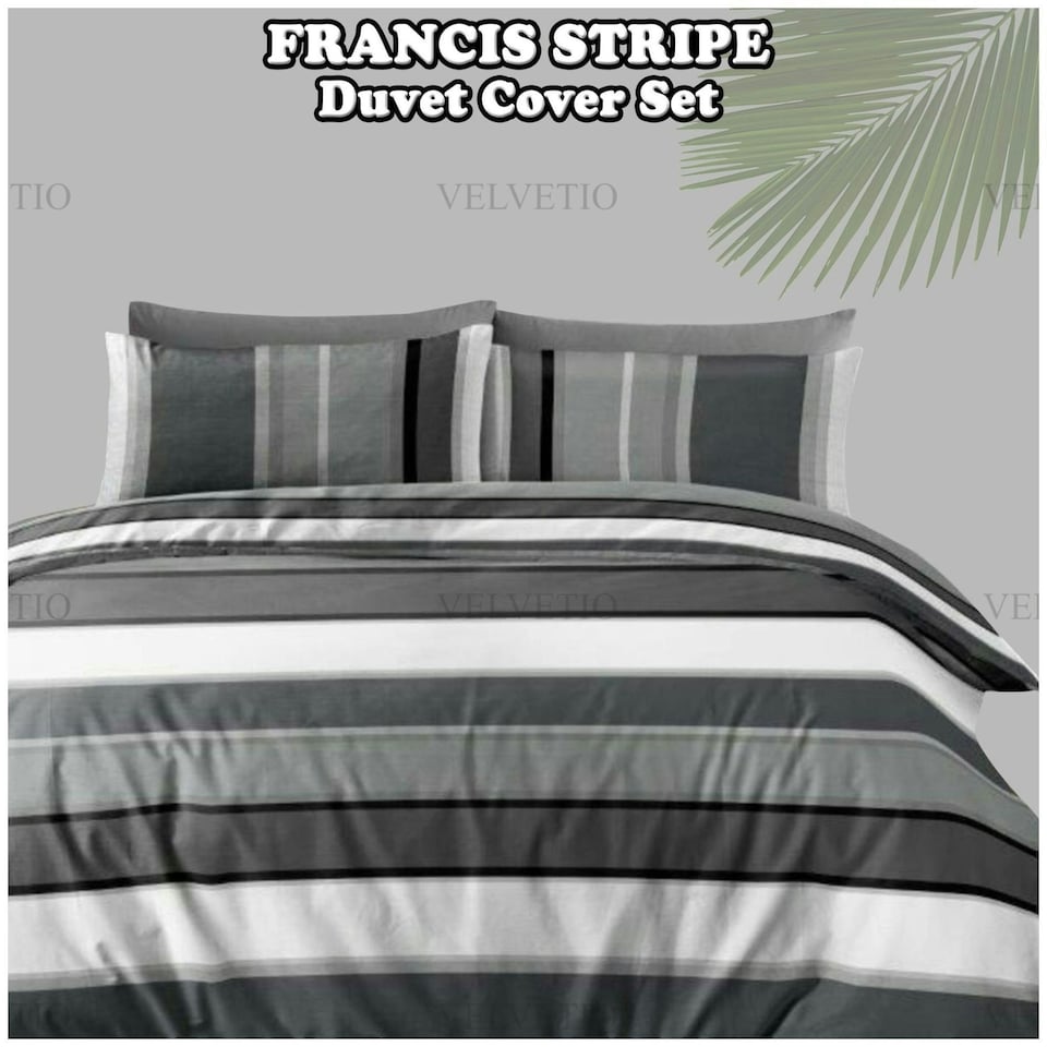 image 1 of VELVETIO Francis Stripe Complete Duvet Cover Set with Fitted Sheet Soft Polycotton Bedding Sets Grey | Single