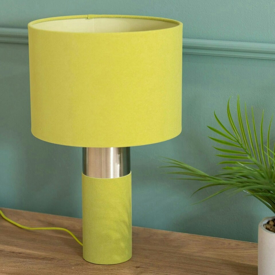image 1 of ValueLights Alexa Olive Green Velvet and Silver Chrome Bedside Table Lamp with a Drum Lampshade - Bulb Included