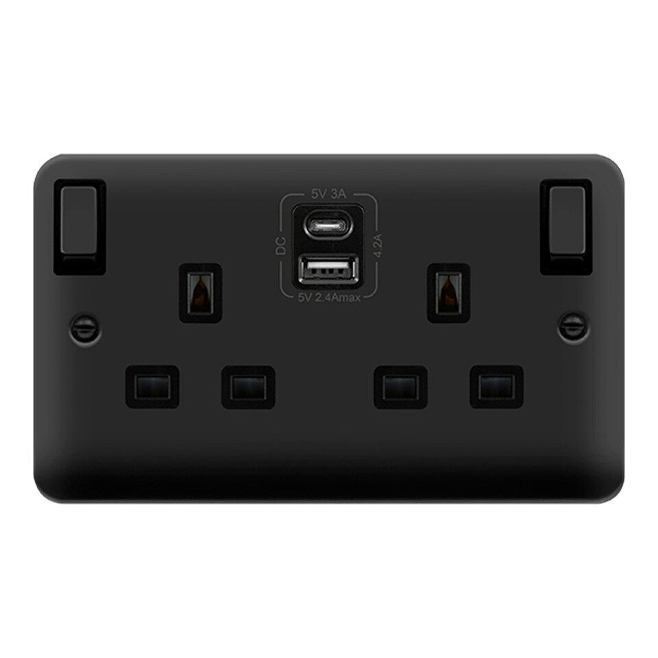 SE HOME Curved Matt Black 2 Gang 13A DP Ingot Type A & C USB Twin Double Switched Plug Socket Black | Black Matt