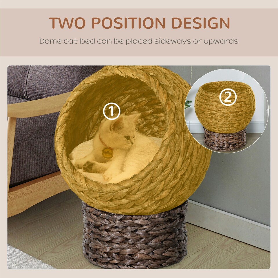 image 1 of PawHut Wicker Cat House, Raised Cat Bed with Cushion, 42 x 33 x 52cm, Dark Brown