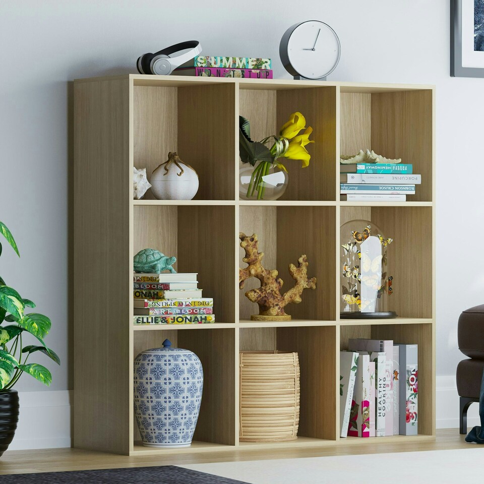 image 1 of Vida Designs Durham 3x3 Cube Storage Bookcase Display Unit, Oak