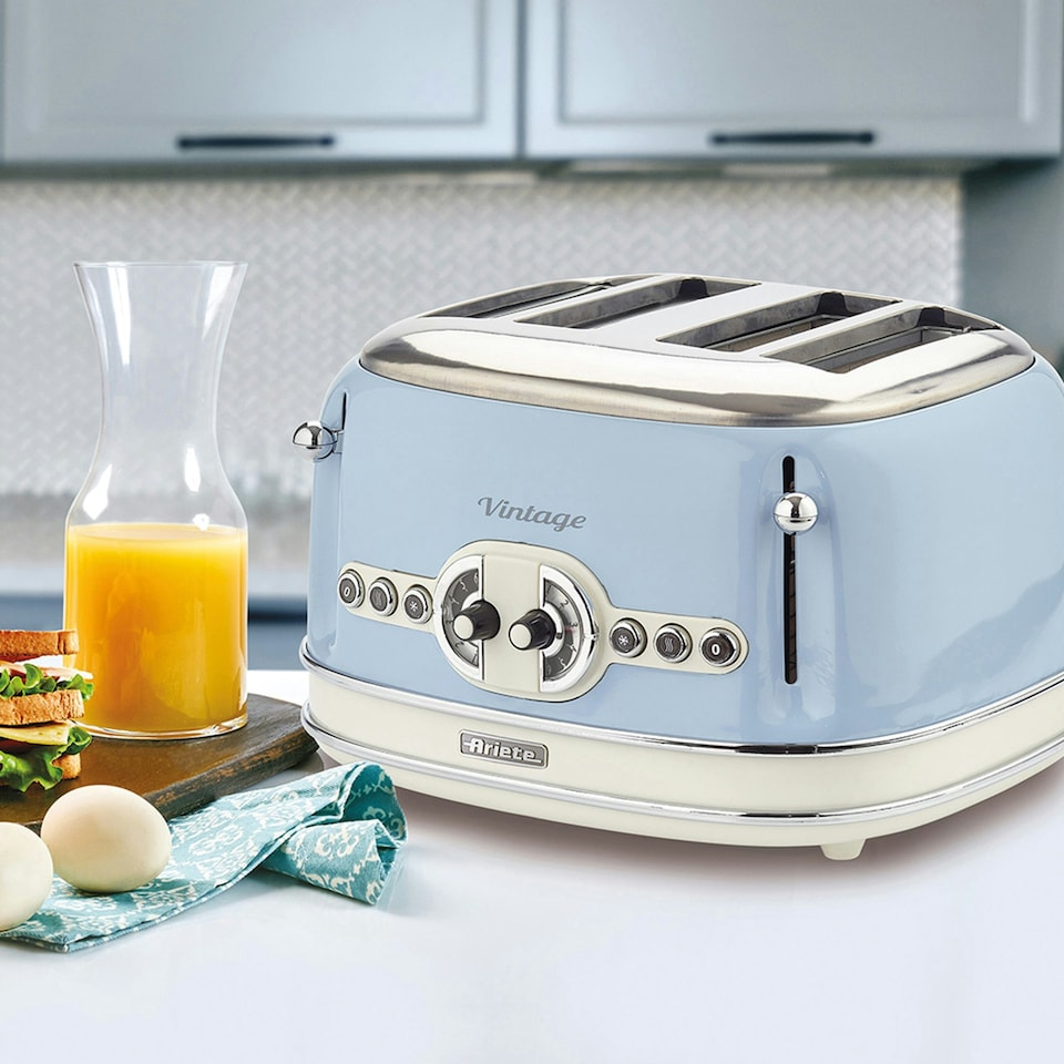 image 1 of Ariete ARPK41 Retro Style Dome Kettle and 4 Slice Toaster Set, Vintage Design, Blue, Stainless Steel