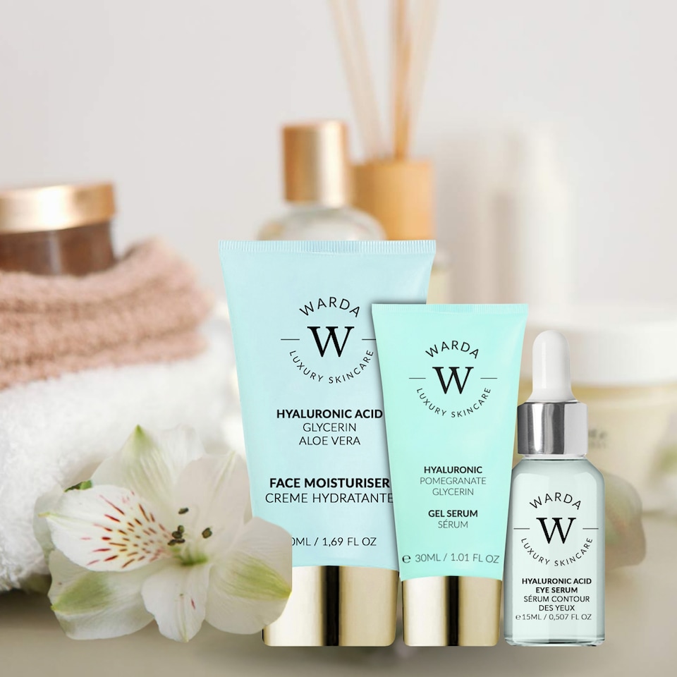 image 1 of Warda Luxury Skincare Skin Hydration Boost Hyaluronic Acid Moisturiser 50ml + Skin Hydration Boost Hyaluronic Acid Eye Serum 15ml + Skin Hydration Boost Hyaluronic Acid Gel Serum 30ml