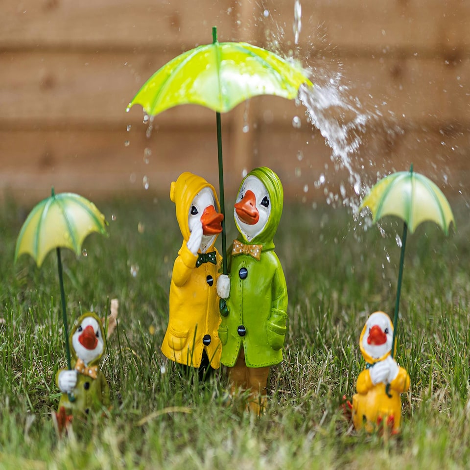 image 1 of Marco Paul 3pc Resin Ducks Family With Umbrellas Garden Ornaments