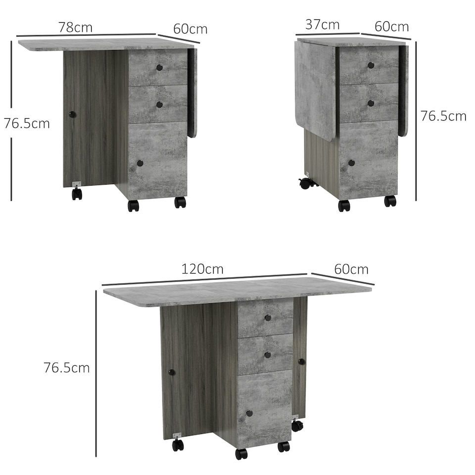 image 1 of HOMCOM Folding Dining Table, Drop Leaf Table With Storage Drawers Grey Marble