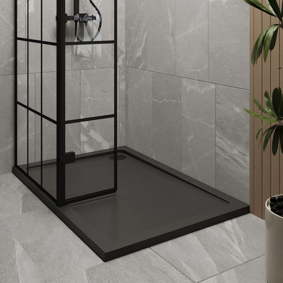 image 1 of 8mm Glass Wetroom Screen, Return Black Framed and Tray 1200 x 800mm | Black | Matt Black