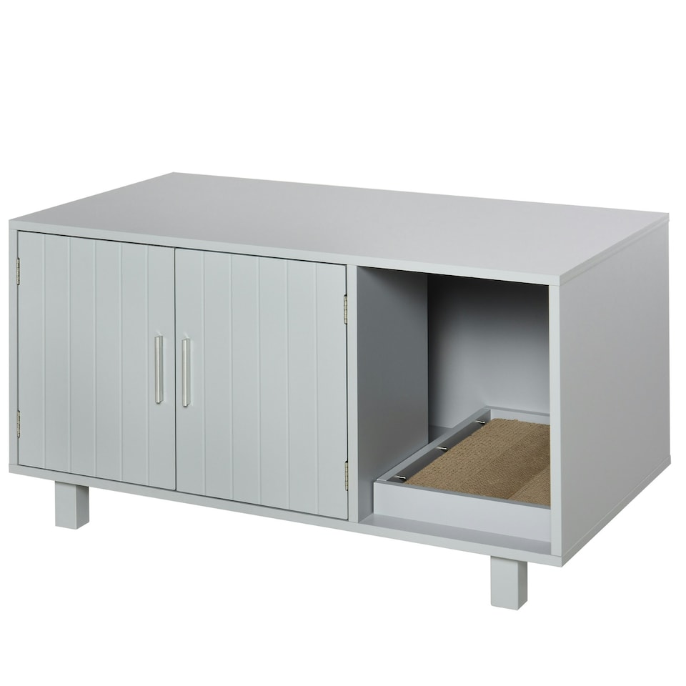 image 1 of PawHut Cat Litter Box Enclosure & House w/ Nightstand/End Table Design, Grey