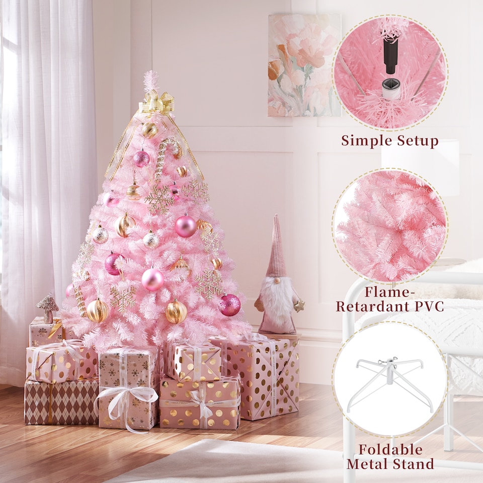 image 1 of Yaheetech 4ft Artificial Christmas Tree with Foldable Stand, 208 PVC Tips, Pink