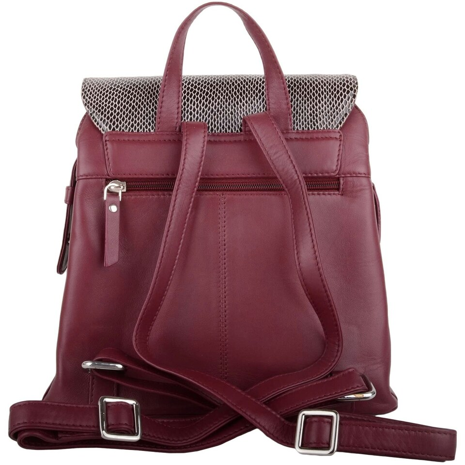 image 1 of Smooth Genuine Leather Backback Rucksack with Snakeskin Effect Flap Panel Red | Cranberry