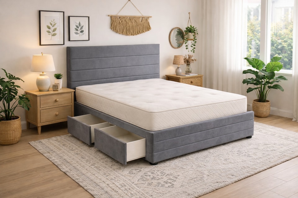 image 1 of Divan Bed Set Headboard and Footboard with Mattress 3ft Single Grey Suede Storage 2 Drawers Left Side Laying in Bed