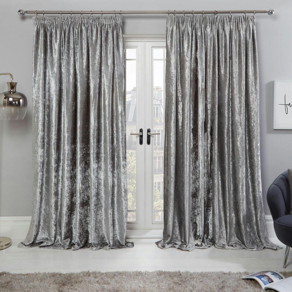 image 1 of OHS Luxury Blackout Pencil Pleat Crushed Velvet Curtains, 90x90" - Silver