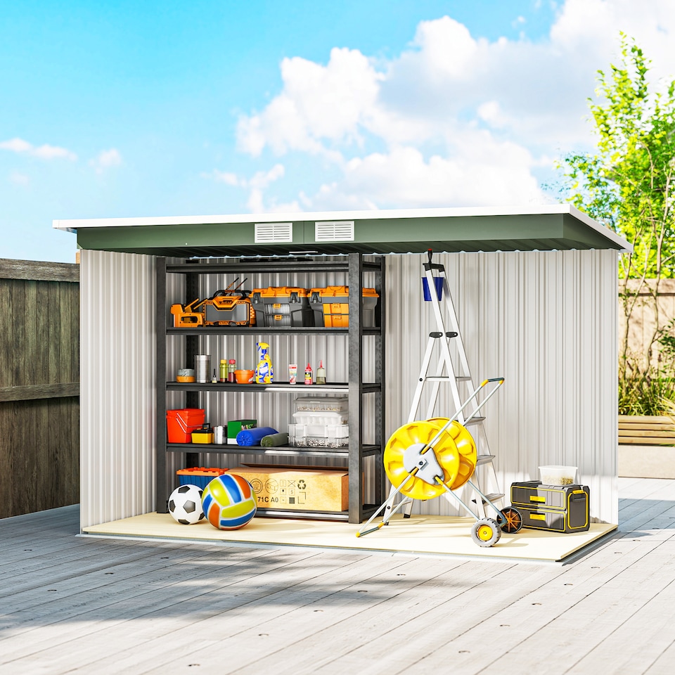 image 1 of Outsunny 9ft x 4ft Metal Garden Shed, Outdoor Tool House with Foundation Kit, Ventilations and Double Doors, Light Green