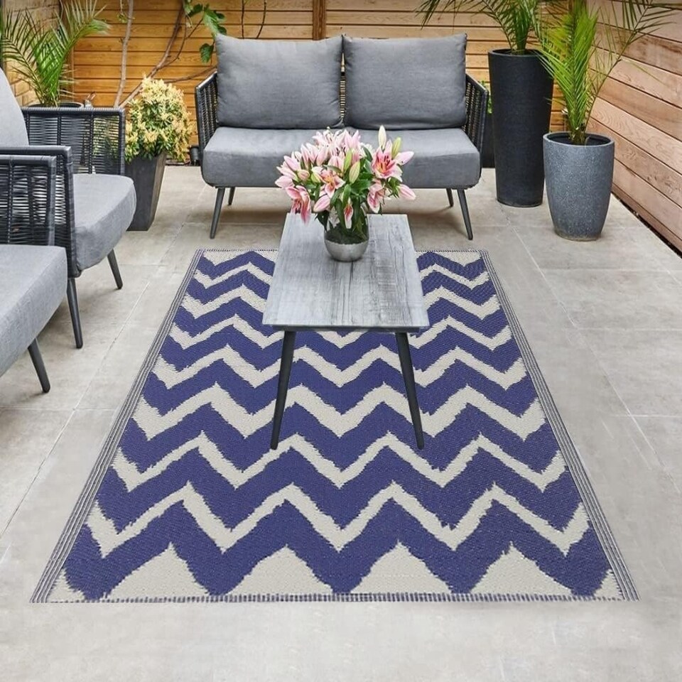 image 1 of Marco Paul Blue Zigzag Outdoor Rug Blue