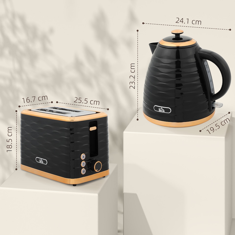 image 1 of HOMCOM Kettle and Toaster Sets, 3000W 1.7L Rapid Boil Kettle & 2 Slice Toaster with 7 Browning Controls, Defrost, Reheat and Crumb Tray, UK Otter thermostat, Black