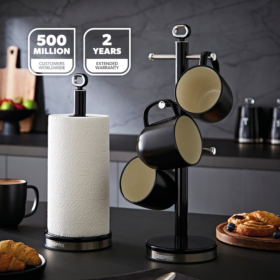 image 1 of GEEPAS Retrovive Mug Tree And Towel Pole Set Black