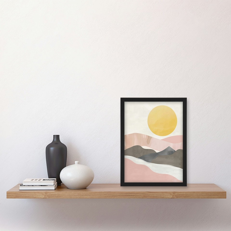 image 1 of Soft Pastel Pink Mountain Range Sun Boho Home Decor Black Framed Wall Art Print A4