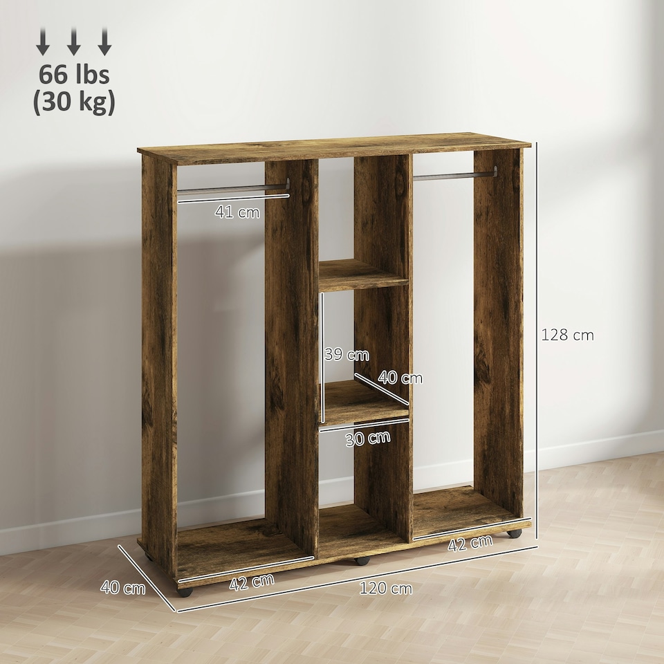 image 1 of HOMCOM Mobile Double Open Wardrobe w/ Clothes Hanging Rail, Rustic Brown