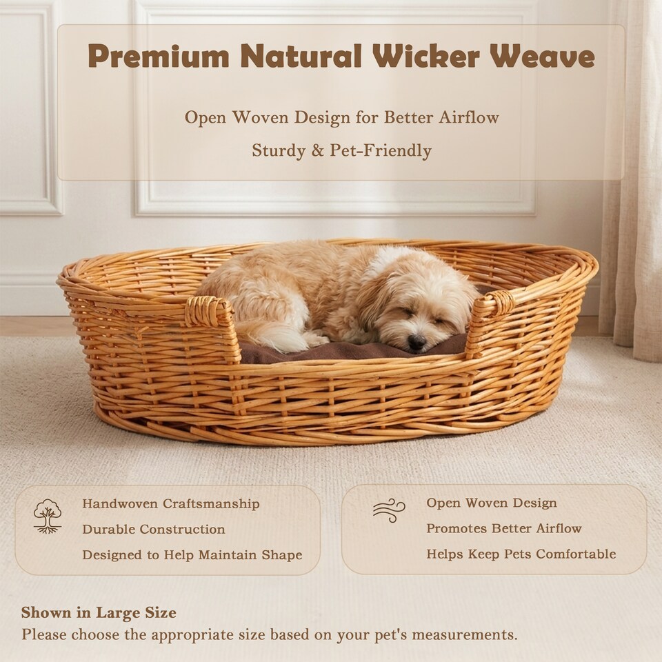 image 1 of Honey Color Wicker Dog Pet Bed with Washable Cushions (Large)