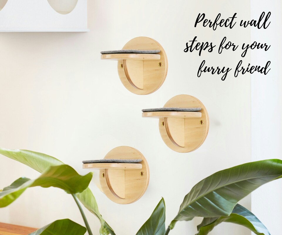image 1 of NOVECRAFTO Wall-Mounted Cat Steps – Natural Wood Round Climbing Posts – Durable Cat Shelves for Climbing & Perching – Space-Saving Wall Steppers