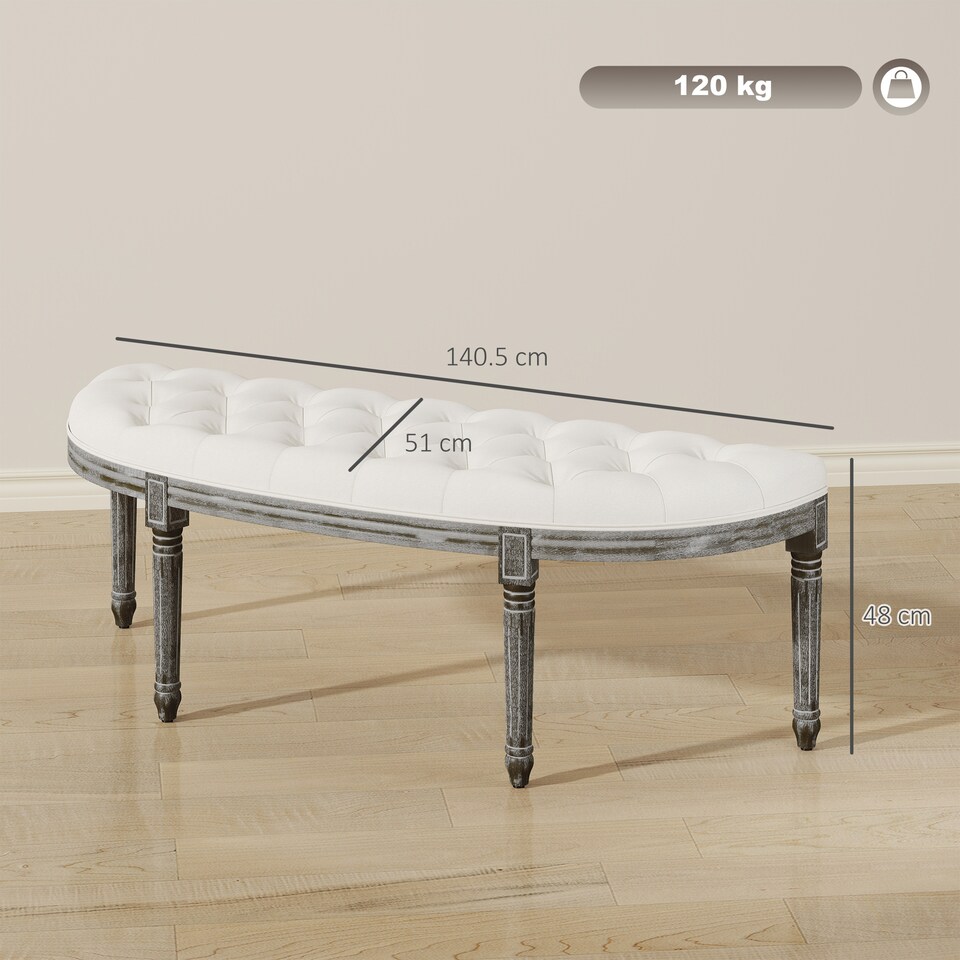 image 1 of HOMCOM Half-Circle End Bench Ottoman Footstool Tufting Padded Seat Brushed Wood Base Antique Accents Home Seat Furniture Cream White and Light Wood Grain Leg