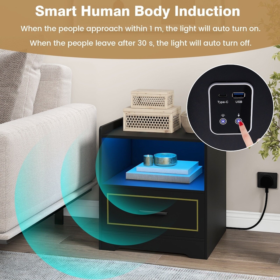 image 1 of COSTWAY LED Nightstand with USB and Type-C Port Black