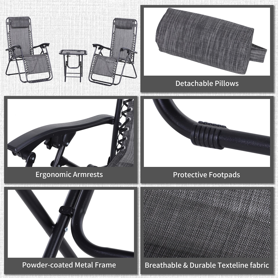 image 1 of Outsunny Folding Zero Gravity Chairs, 3 Pieces Adjustable Sun Lounger and Table Set with Cup Holder and Headrest, Patio Bistro Set with Reclining Garden Chairs for Outdoor, Light Grey