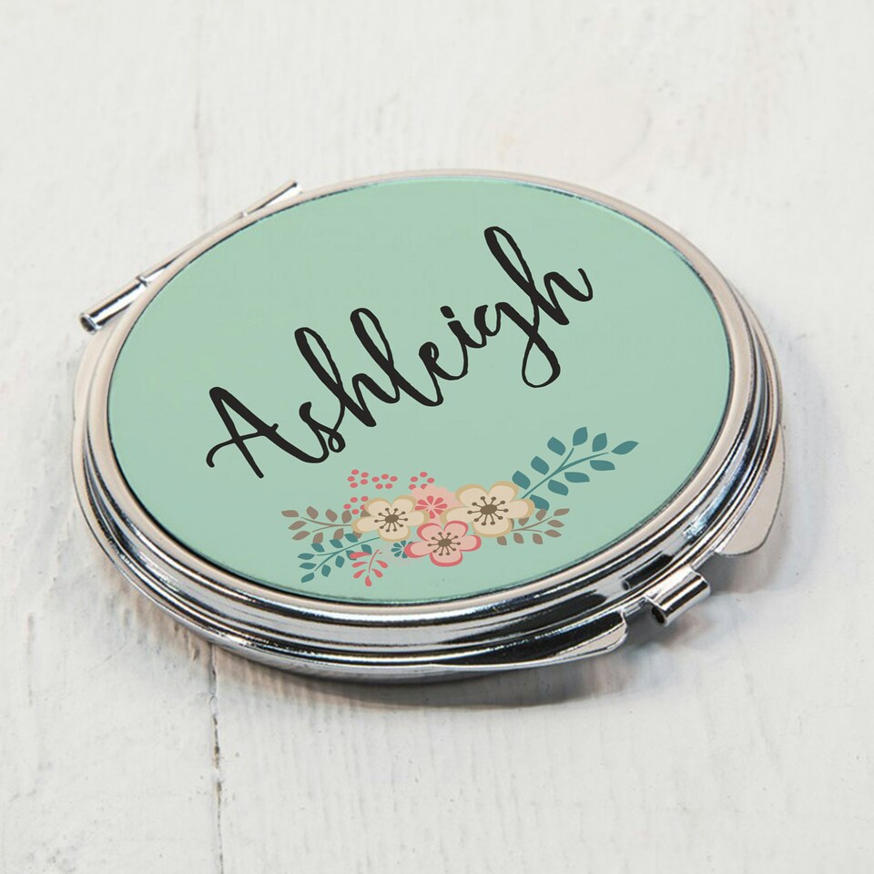 image 1 of Personalised Green Floral Compact Mirror Silver