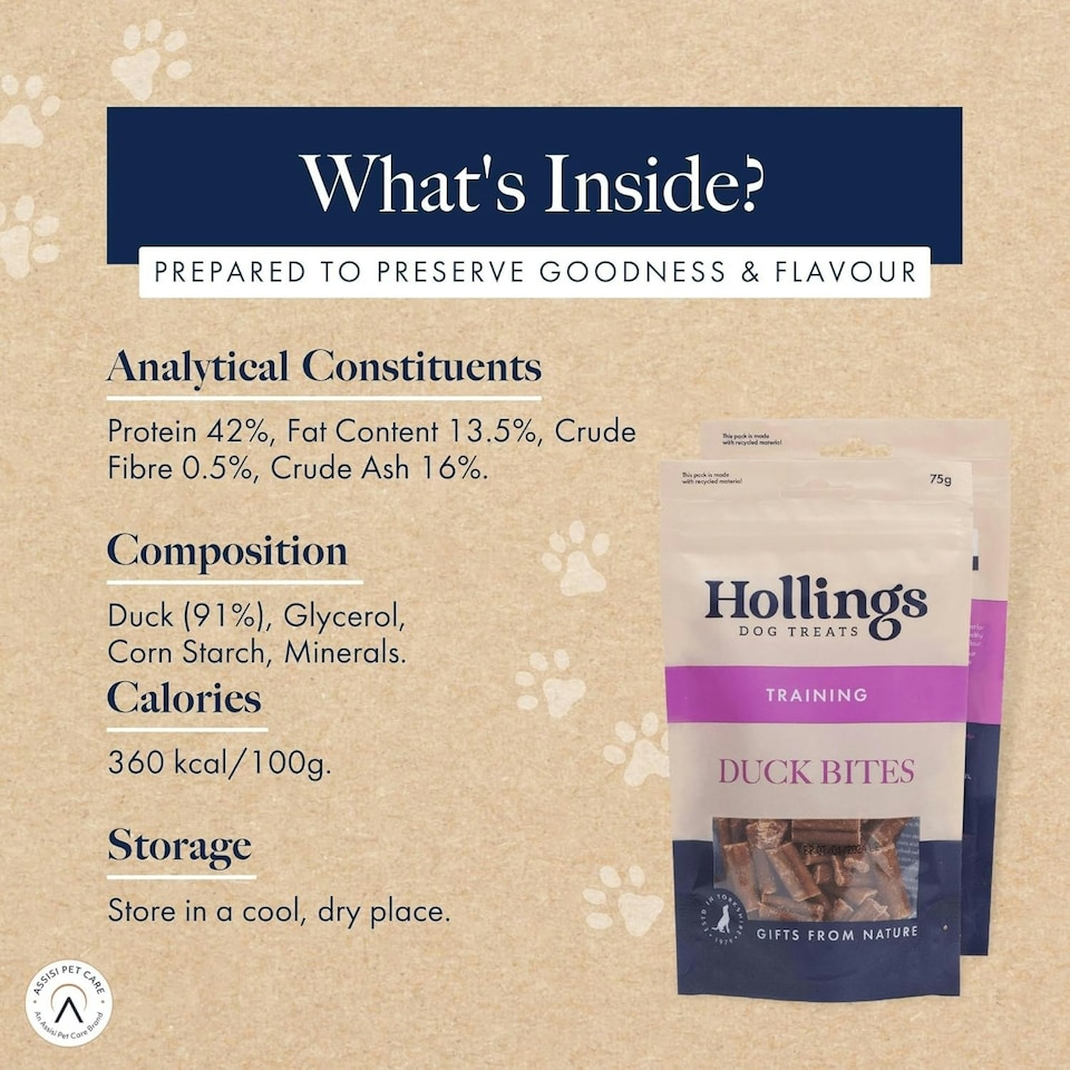 image 1 of Hollings Duck Bites Dog Training Treats, Delicious Duck Treats for Adult Dogs, High in Protein & Made with 100% Natural Ingredients (75g)