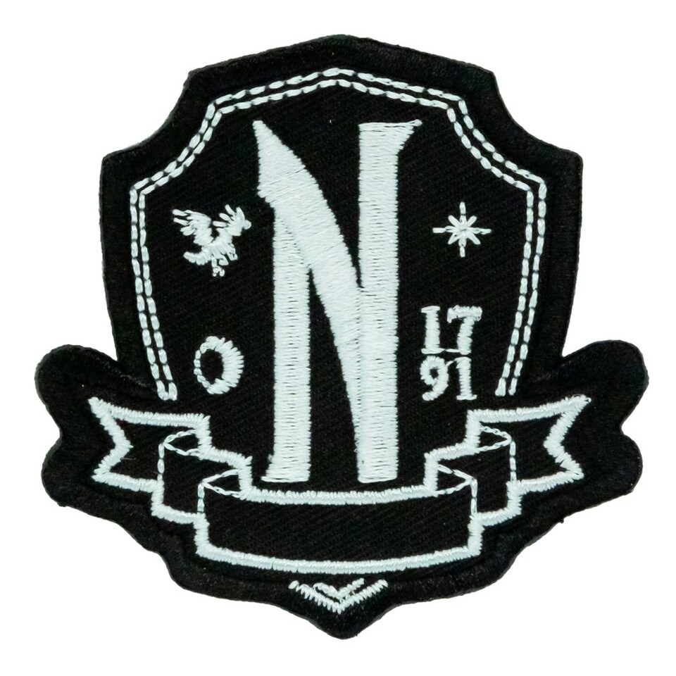 image 1 of Wednesday Nevermore Academy Crest Iron On Patch - Black/White - One Size