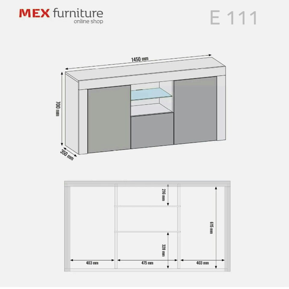 image 1 of Grey TV Unit 145cm Gloss Doors Free LED Modern Media Cabinet Grey