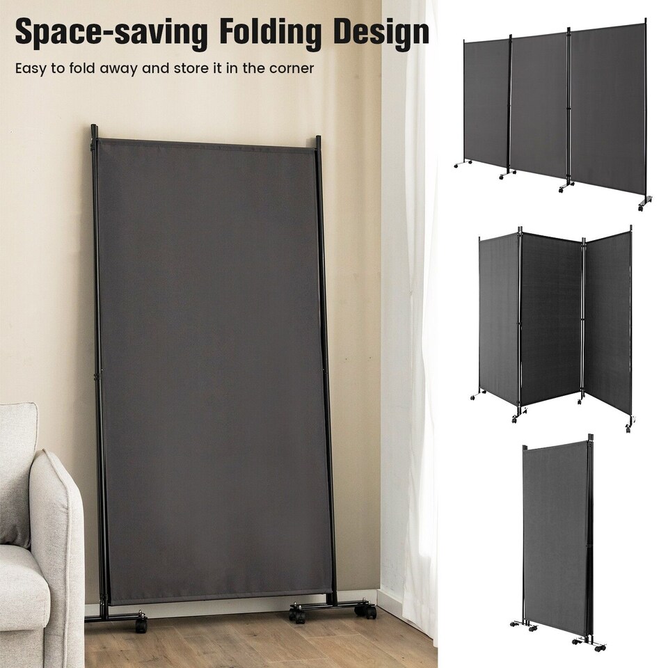 image 1 of COSTWAY 3 Rolling Privacy Screens Freestanding Panel Room Divider on Wheels Grey