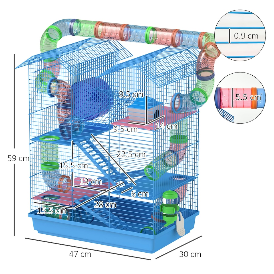 image 1 of PawHut 5 Tiers Hamster Cage Animal Travel Carrier Habitat, Blue
