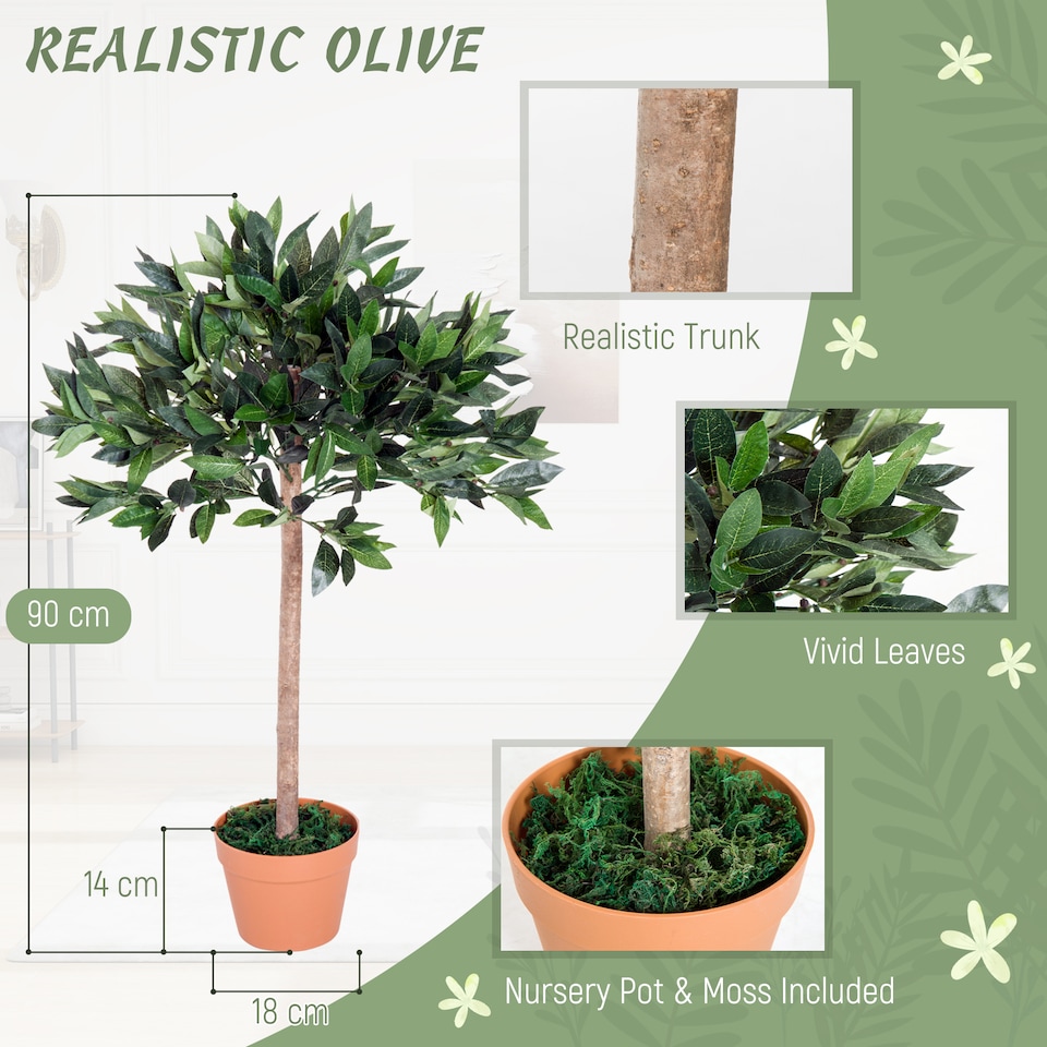 image 1 of Outsunny 3ft Artificial Olive Tree Indoor Plant Greenery for Home Office Potted in An Orange Pot