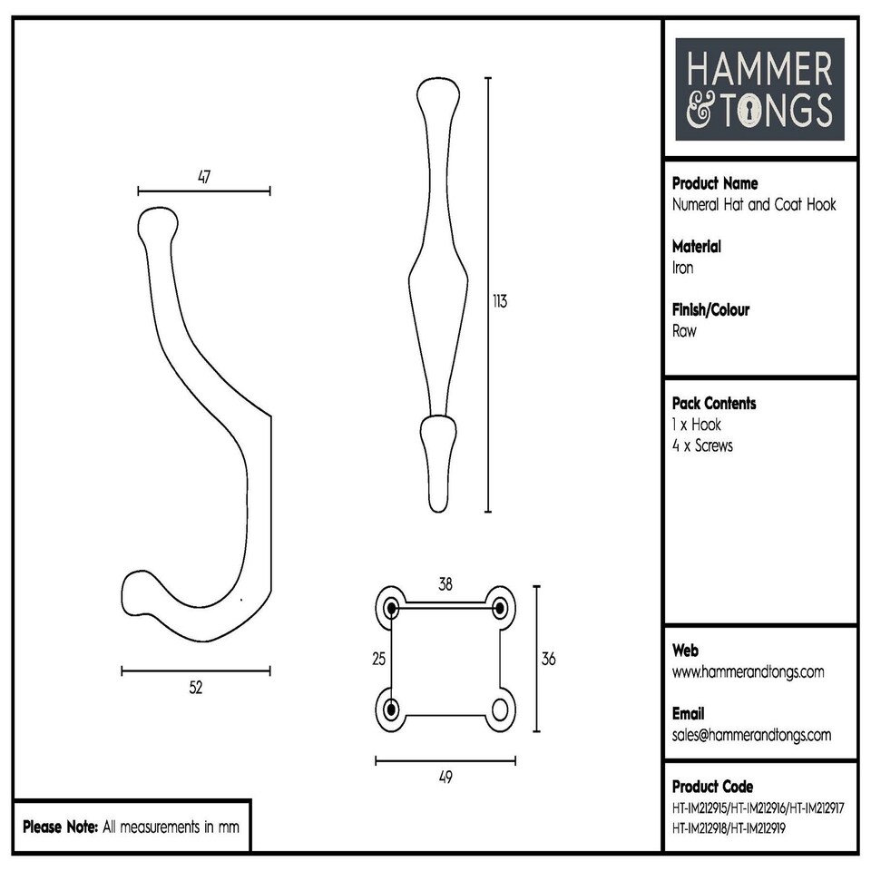 image 1 of Hammer & Tongs Number 4 Double Wall Hook - W50mm x H115mm - Raw