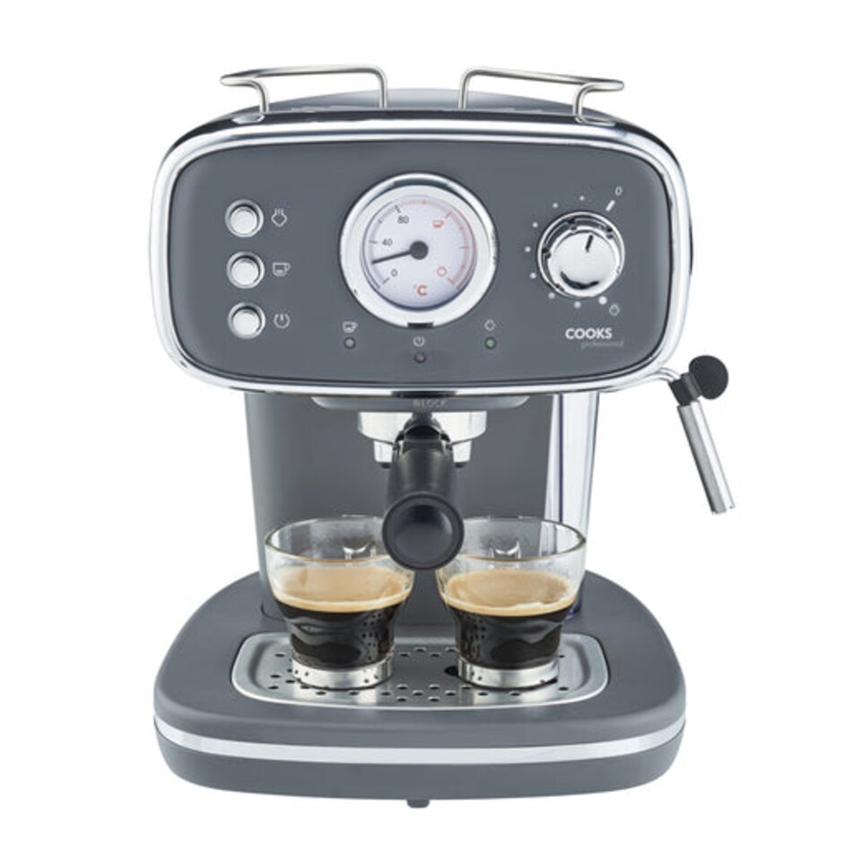 image 1 of Cooks Professional 15-Bar Retro Espresso Coffee Machine 1.2L with Frothing Steam Wand | Grey | Grey & Silver
