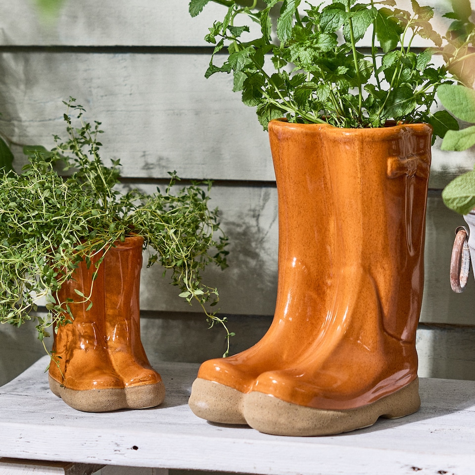 image 1 of Orange Double Wellington Boots Large Ceramic Indoor Outdoor Flower Pot Garden Planter Pot H29.5 x W24cm | Orange | Orange