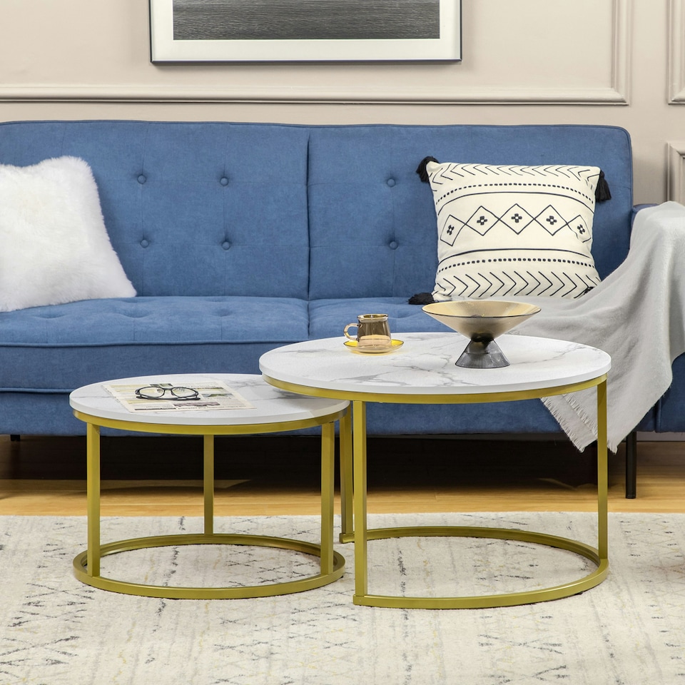 image 1 of HOMCOM Marble Coffee Table Set of 2, Round Nest of Tables, White 