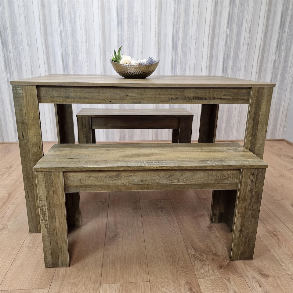 image 1 of Rustic Effect wood Dining Table And 2 Benches kitchen table Set space saver table set