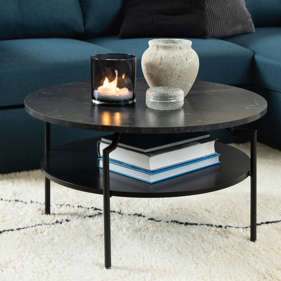 image 1 of Goldington Round Coffee Table with Black Marble Melamine Top & Black Legs