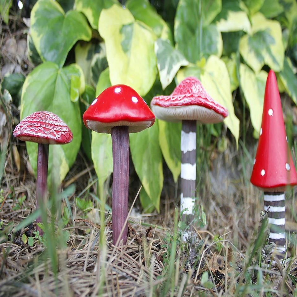 image 1 of Marco Paul Set Of 4 Red Mushroom Garden Ornaments