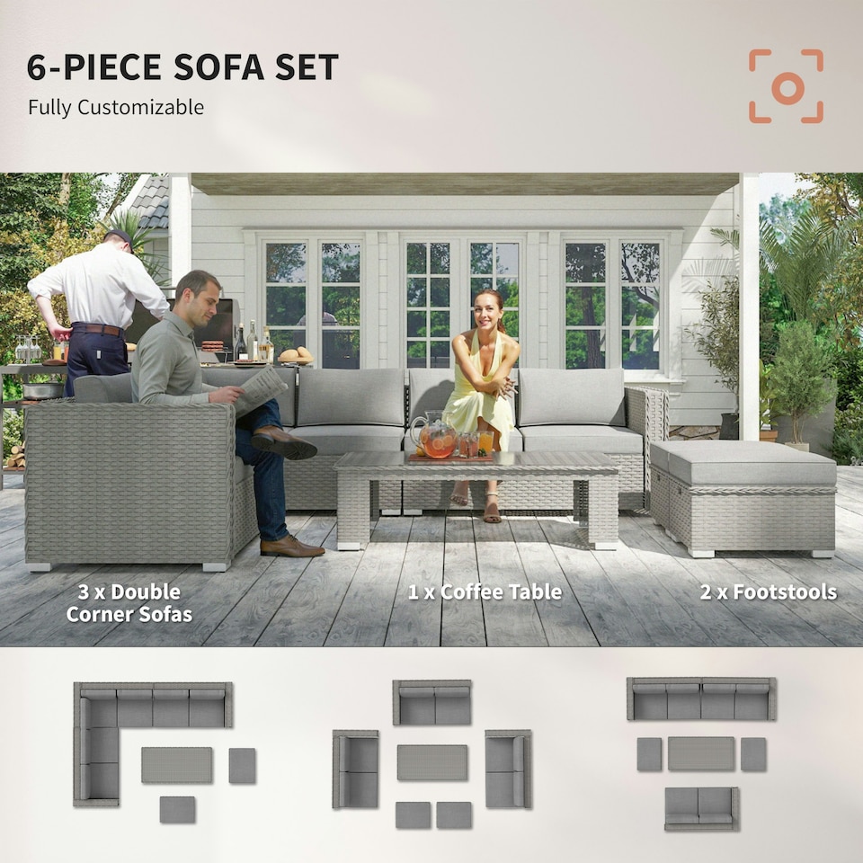 image 1 of Outsunny 6PC PE Rattan Corner Sofa Set Outdoor Conservatory Furniture w/ Cushion