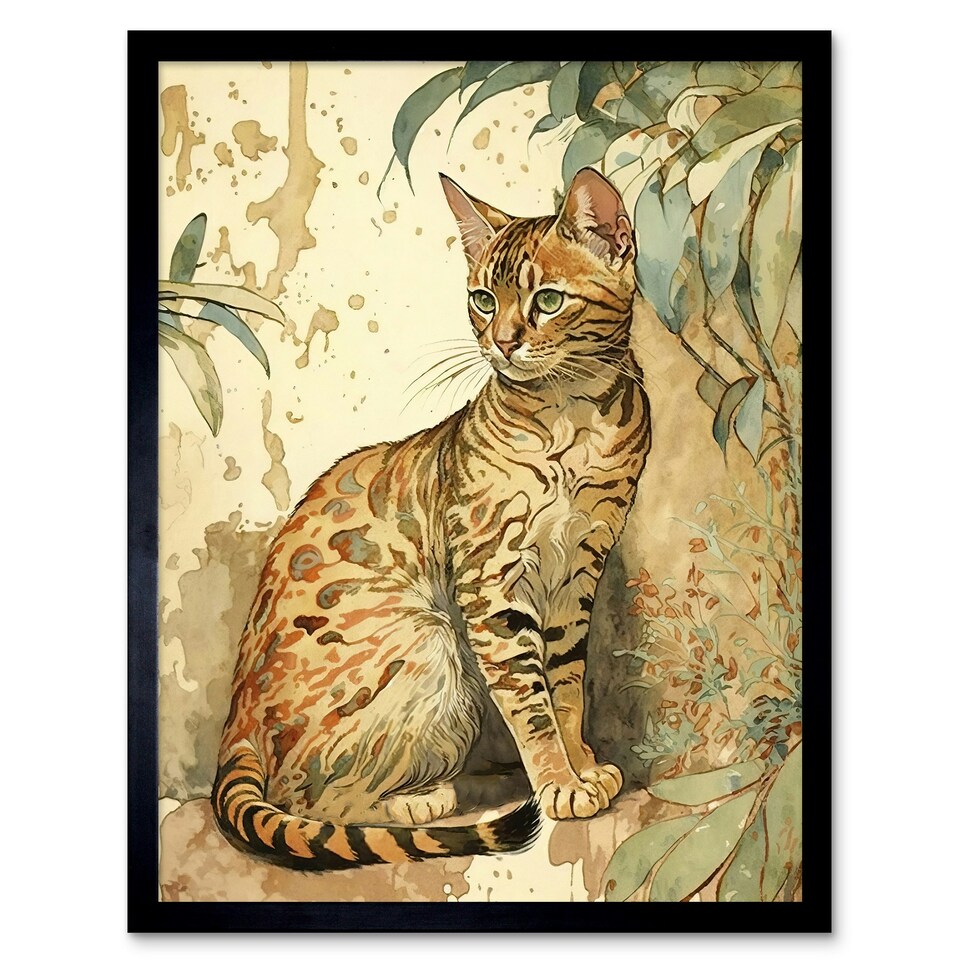 image 1 of Marble Coat Bengal Cat Perched Street Wall Watercolour Framed Wall Art Print