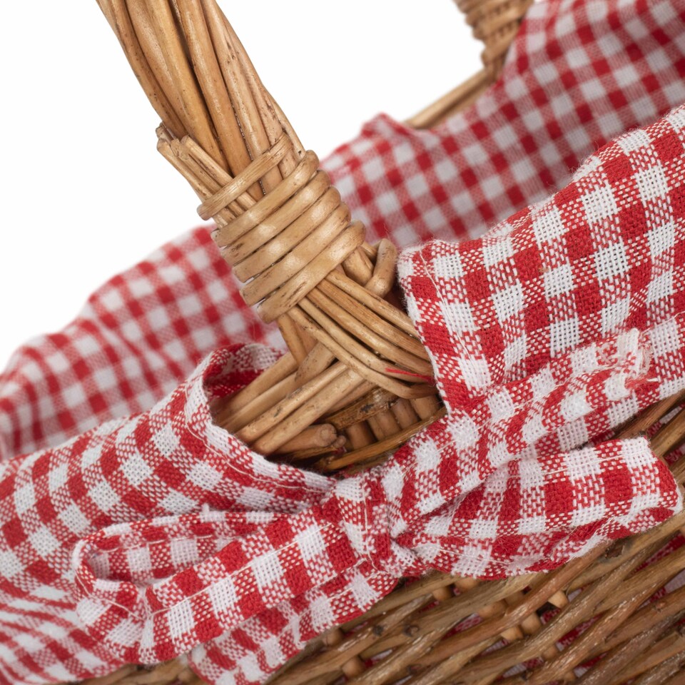 image 1 of Small Red Checked Lined Country Oval Wicker Shopping Basket | Red | Red Checked