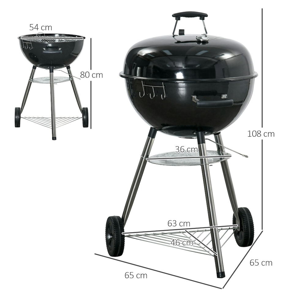 image 1 of Outsunny Portable Kettle Charcoal Grill BBQ Smoker w/ Cover, Lid, & Thermometer