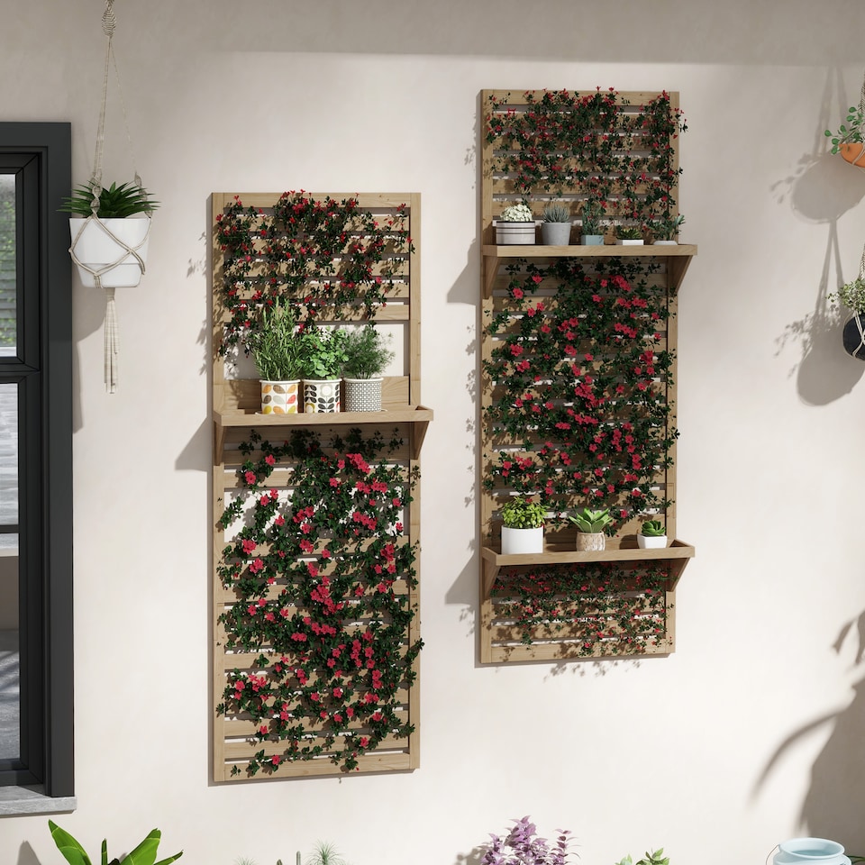 image 1 of Outsunny Wall Mounted Plant Stands Set of 2 with Shelves and Slatted Trellis